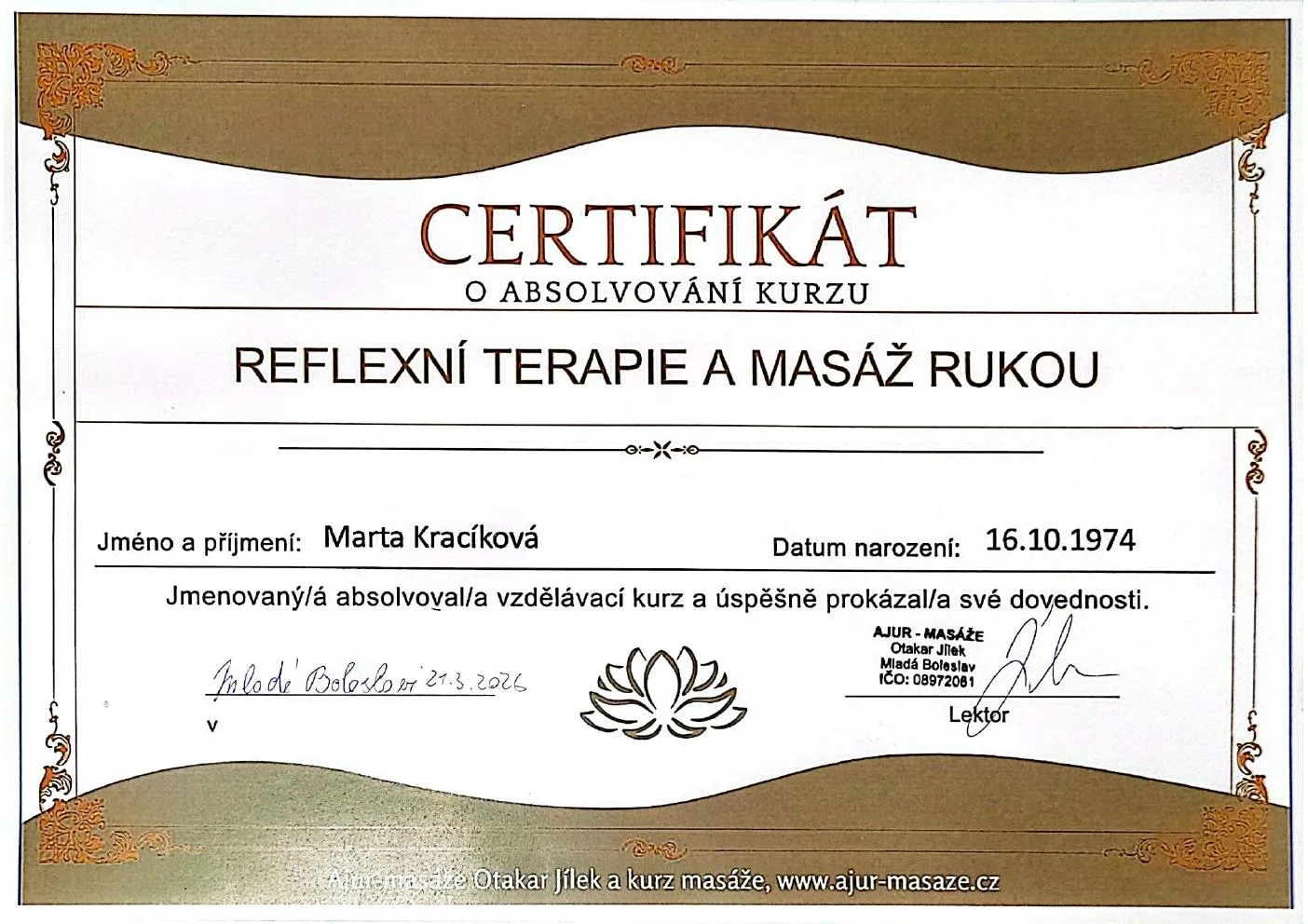 Certifikát Marty Kracíkové za absolvování kurzu reflexní terapie a masáže rukou