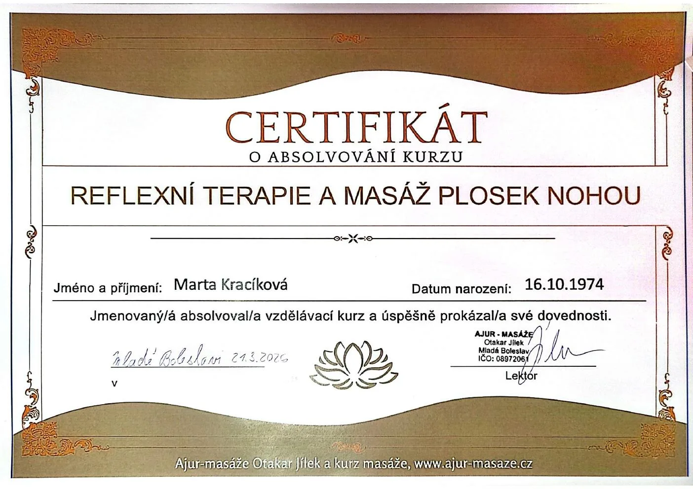 Certifikát Marty Kracíkové za absolvování kurzu reflexní terapie a masáže plosek nohou